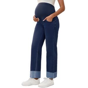 Maternity Straight Leg Cuffed Comfy Over Belly Support Denim Pants Black Blue